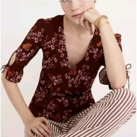 Madewell Tie Sleeve Wrap Top Burgundy Butterfly Size 2 - Picture 2 of 8